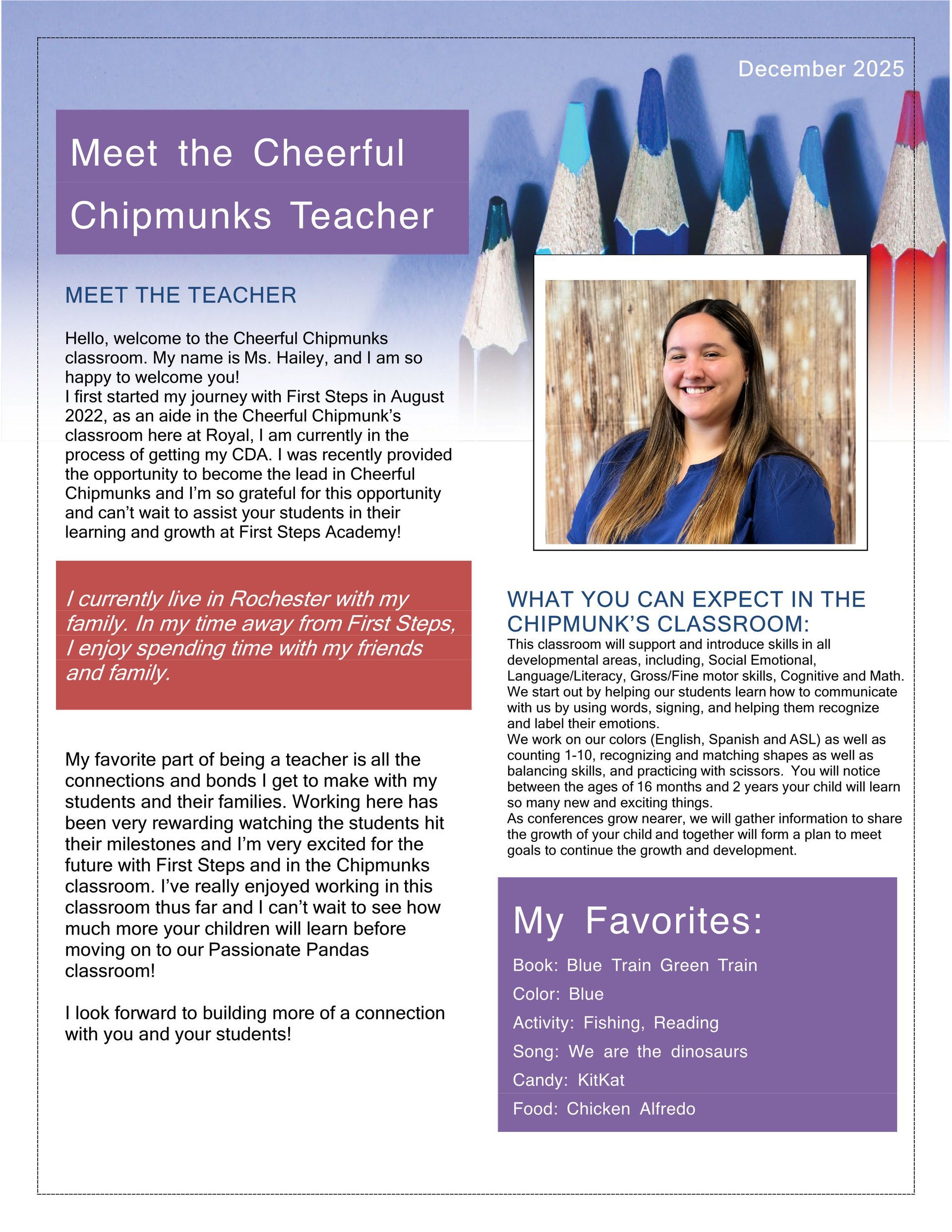 Newsletter: Teacher with photo, text about classroom expectations, favorites list, and colored pencils graphic.