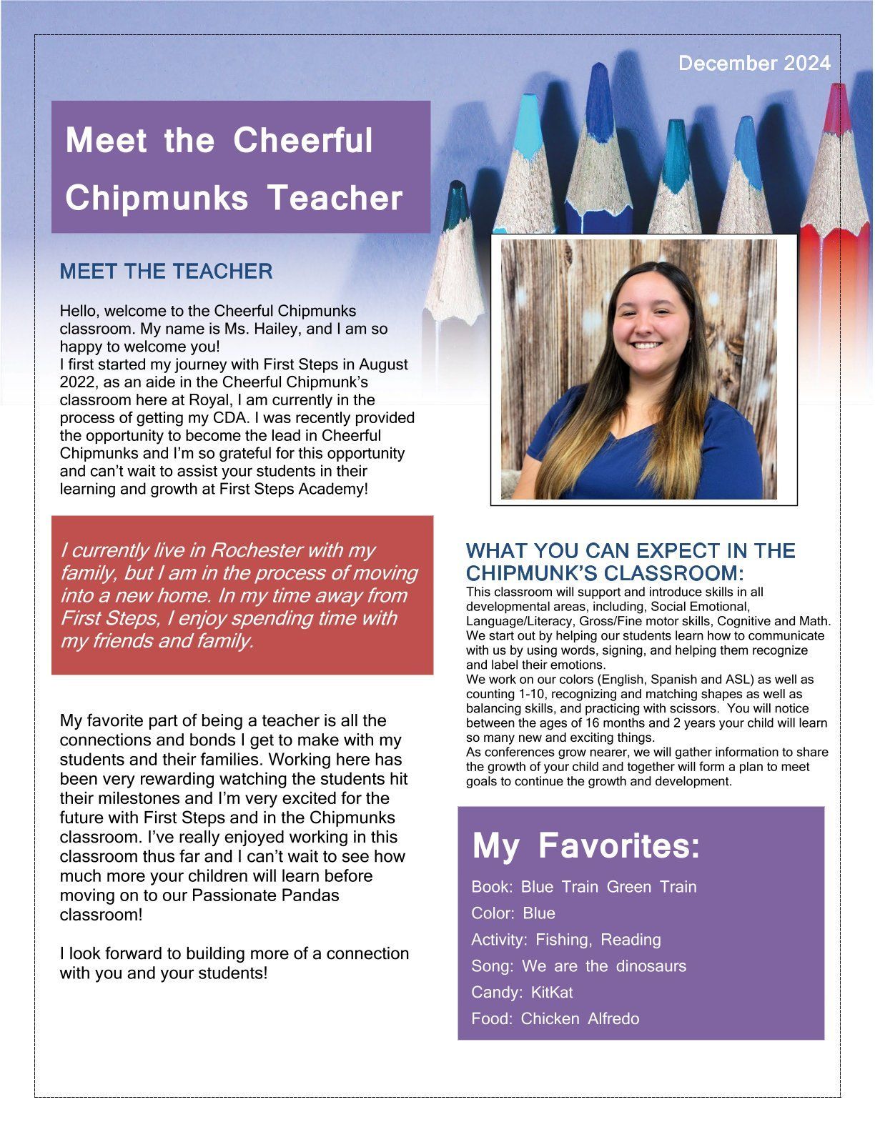 Newsletter with a teacher's photo and information. Purple and blue colors are used.