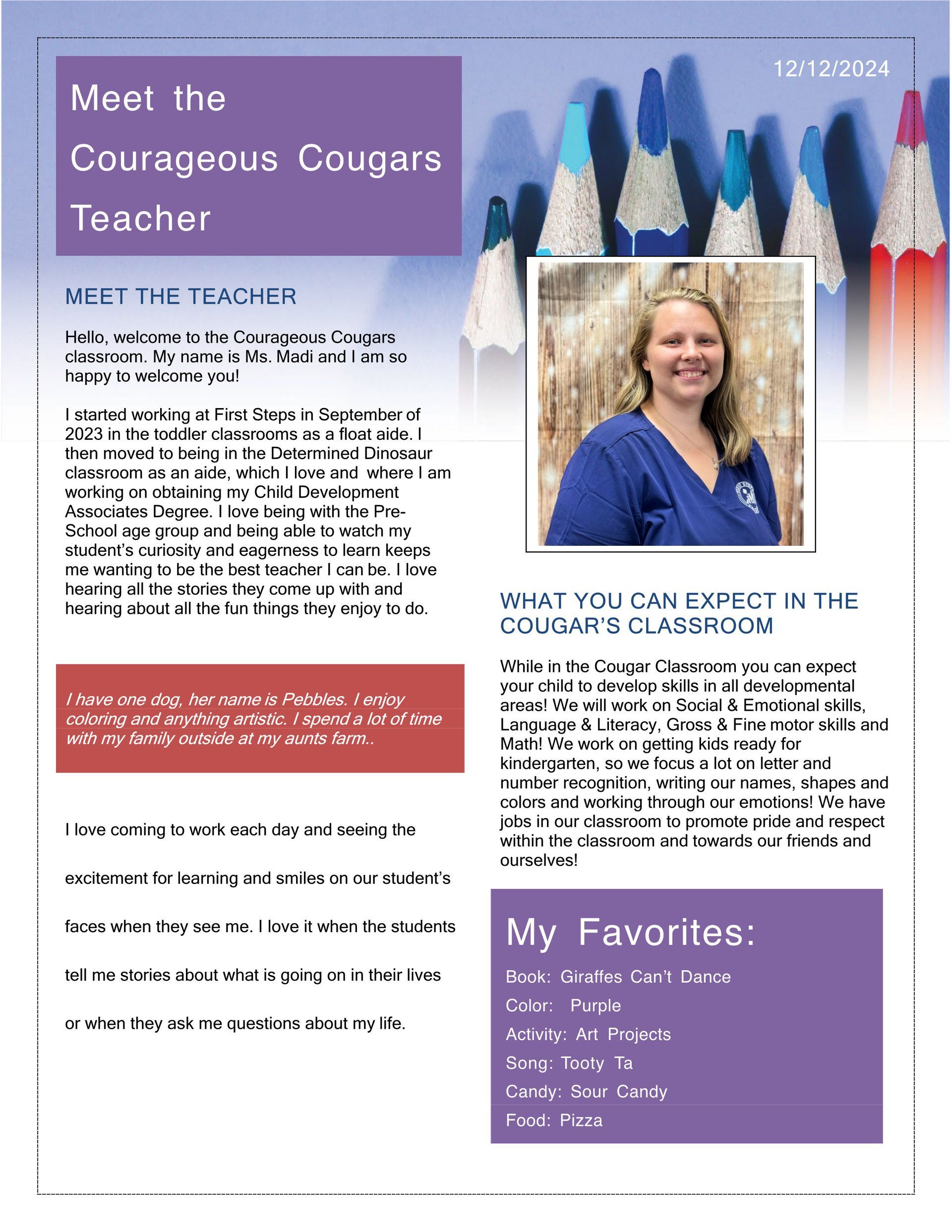 Newsletter introducing the teacher. Includes a photo of her, and details about her interests and classroom.