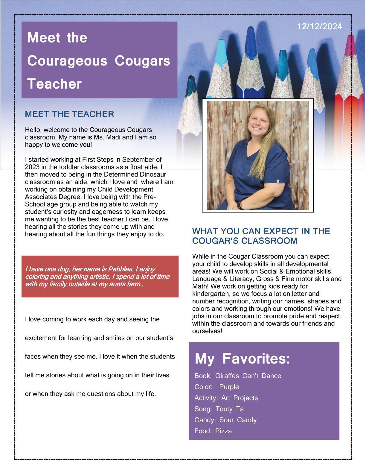 Newsletter featuring a teacher, with a photo and text about classroom expectations and favorites.