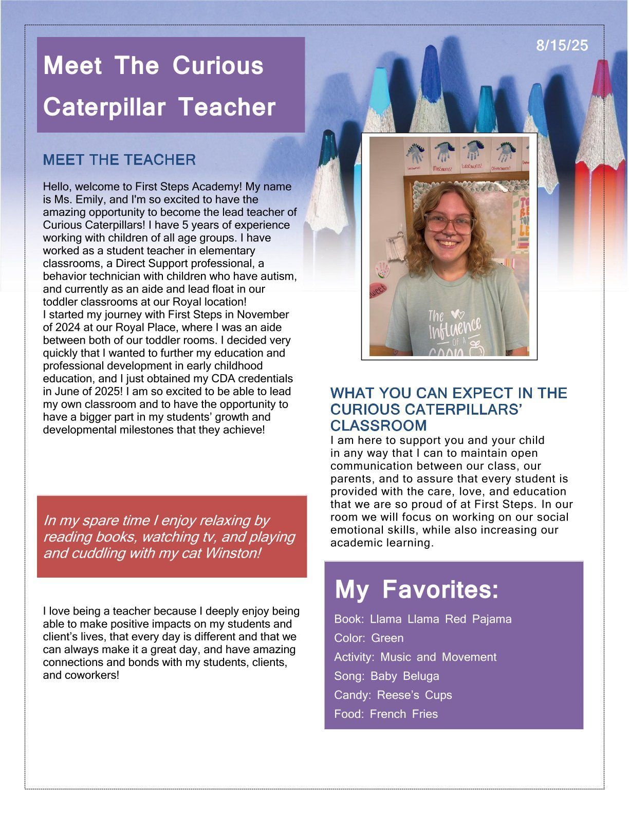 Newsletter about a teacher, with a photo of the teacher, and lists of their favorites.