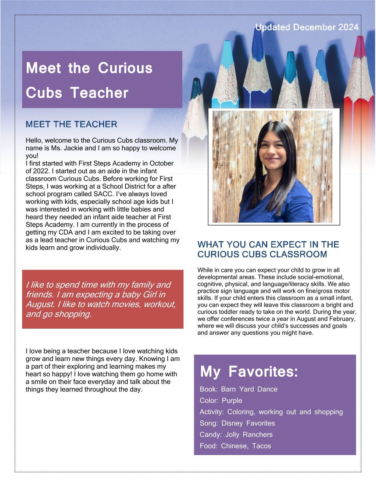 Newsletter with a teacher's photo. 