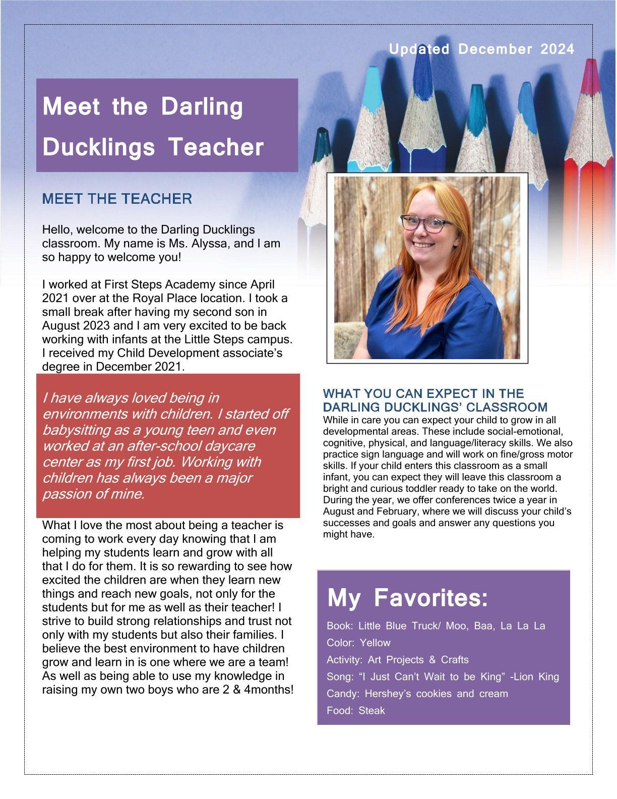 Newsletter: Teacher introduction; smiling woman with red hair, favorites listed, crayons in background.