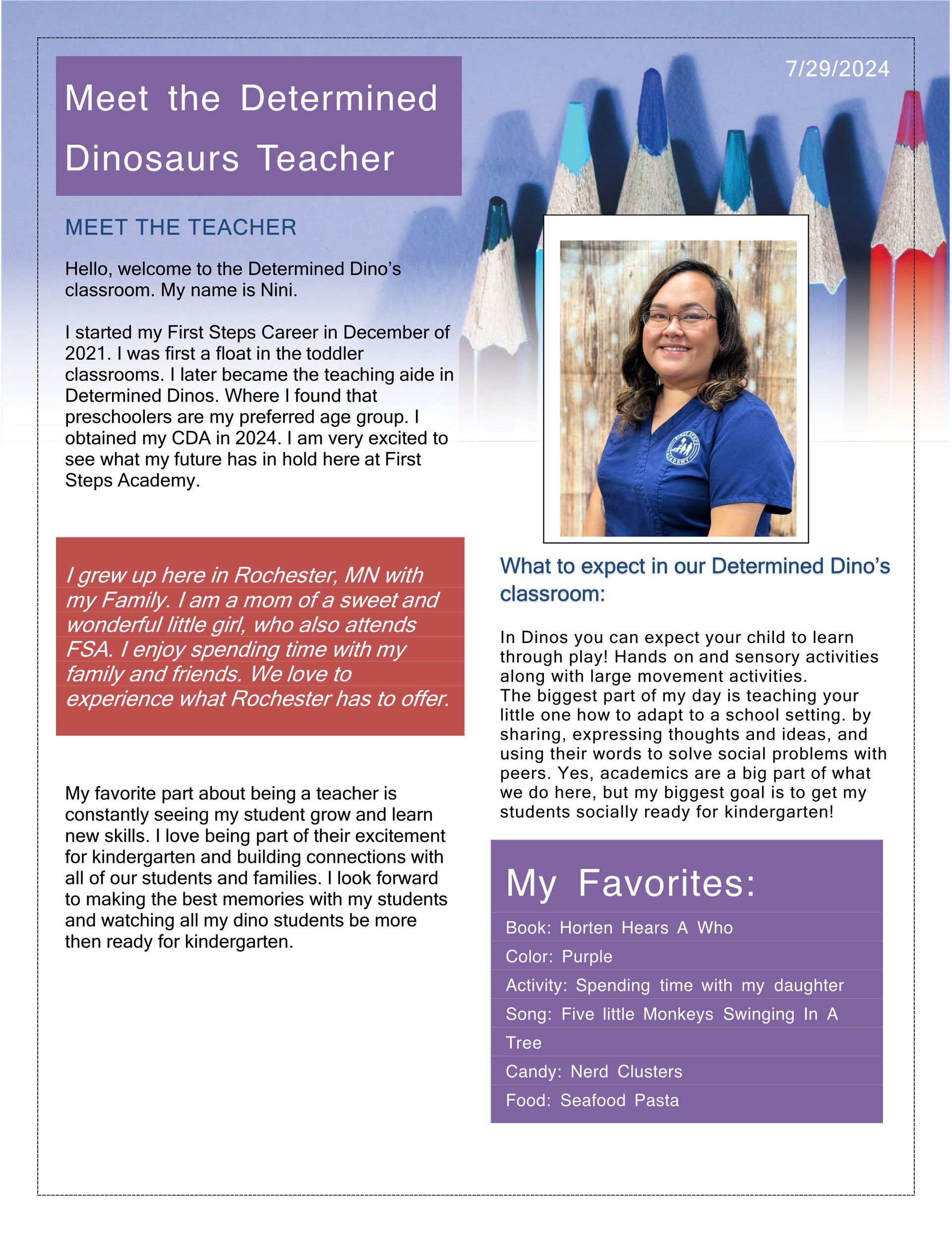 Newsletter about a teacher, featuring her photo and information about her classroom.