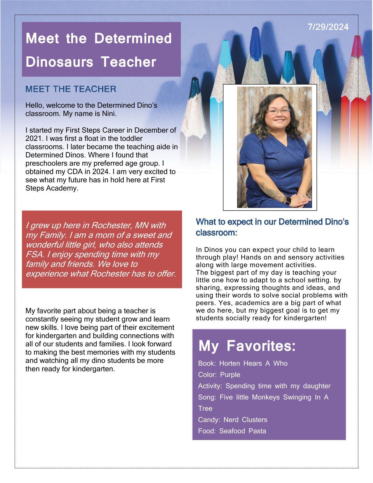 Newsletter introducing the Determined Dinosaurs teacher. Features a photo of the teacher with details about her and favorites.