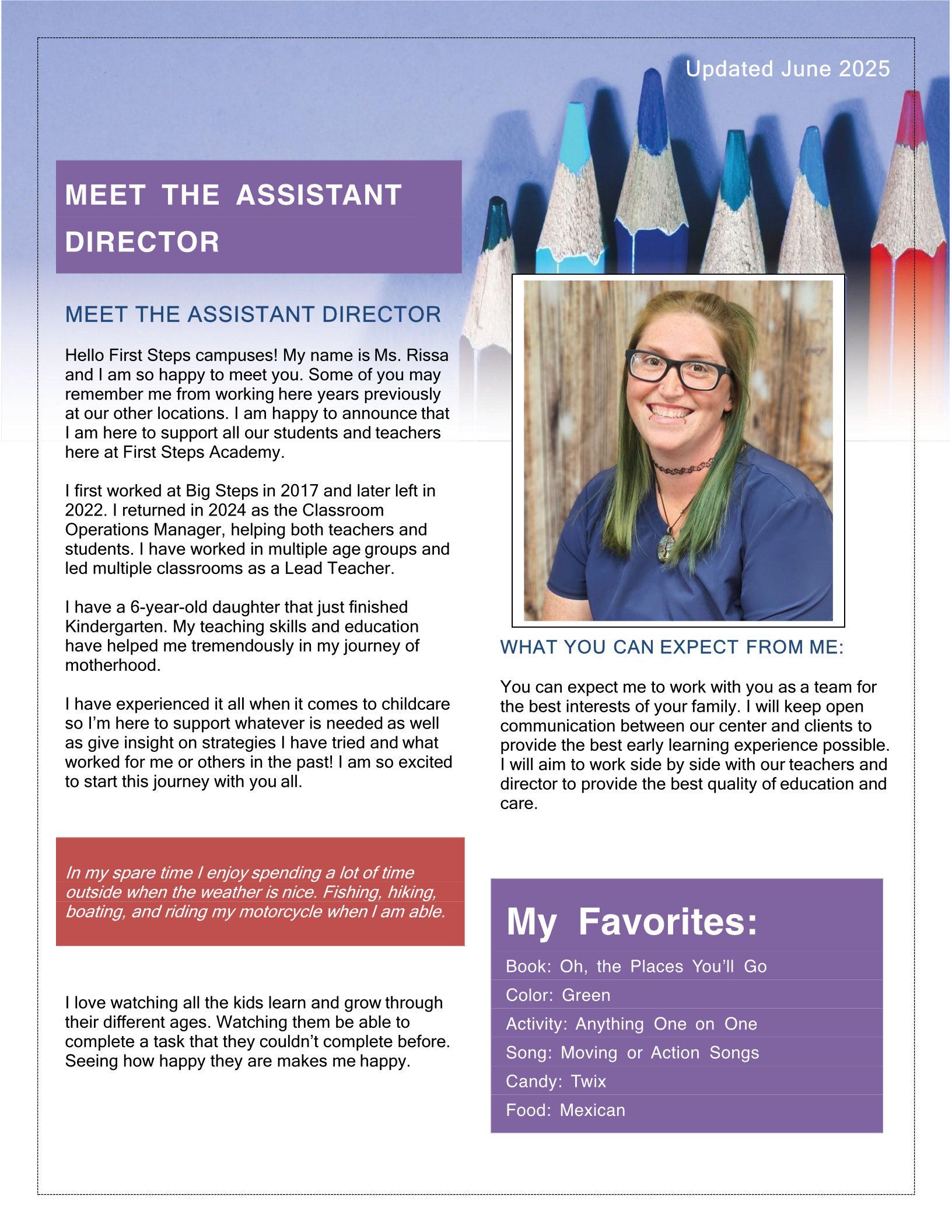 Assistant director in blue shirt with green hair; information about favorite things.