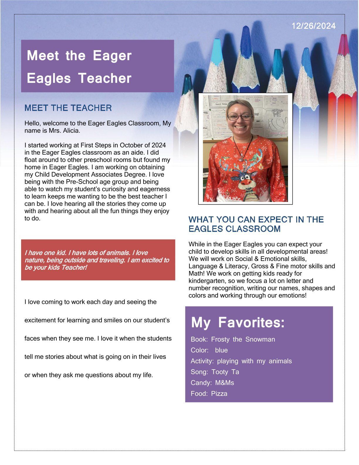 Newsletter introducing a teacher, with photo and 