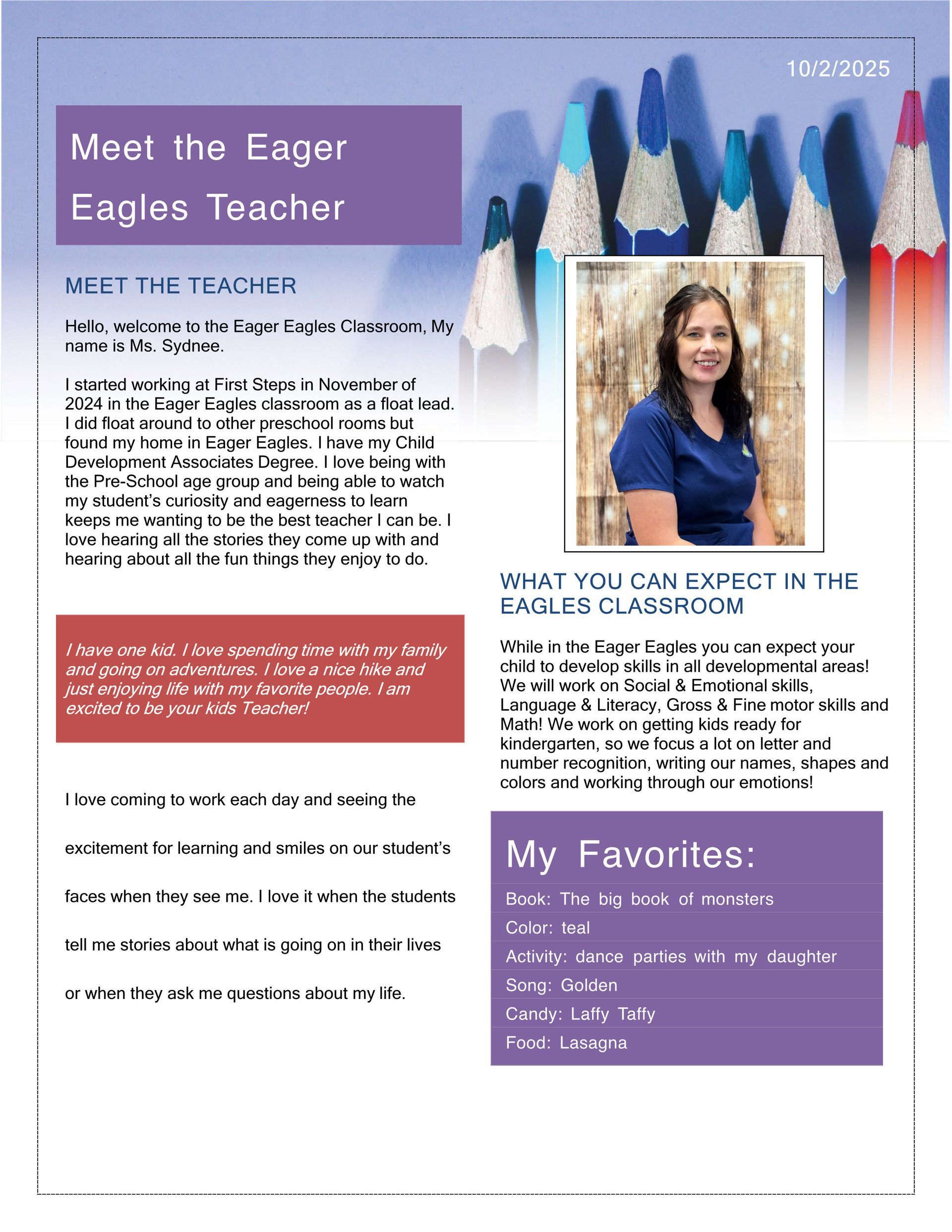 Flyer: Meet the Eager Eagles Teacher. Teacher photo, text about expectations and favorites. Purple, blue, white, and red colors.