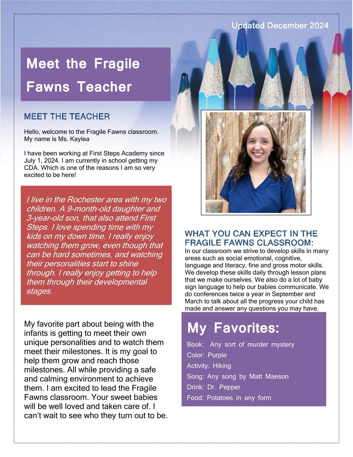 Newsletter: A teacher introduction, featuring a photo and favorites for the Fragile Fawns classroom.
