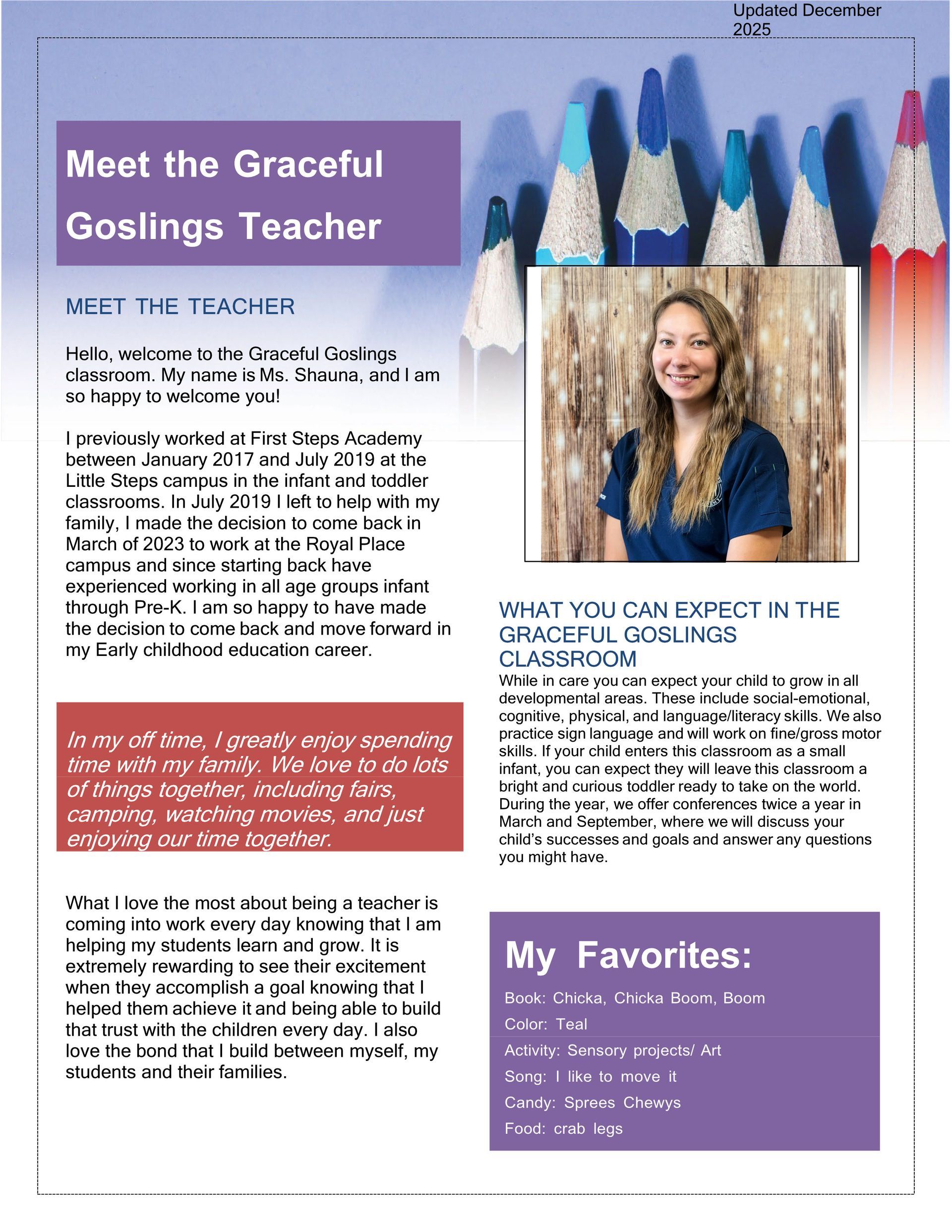 Meet the Graceful Goslings teacher, a flyer with a teacher's photo and classroom expectations.
