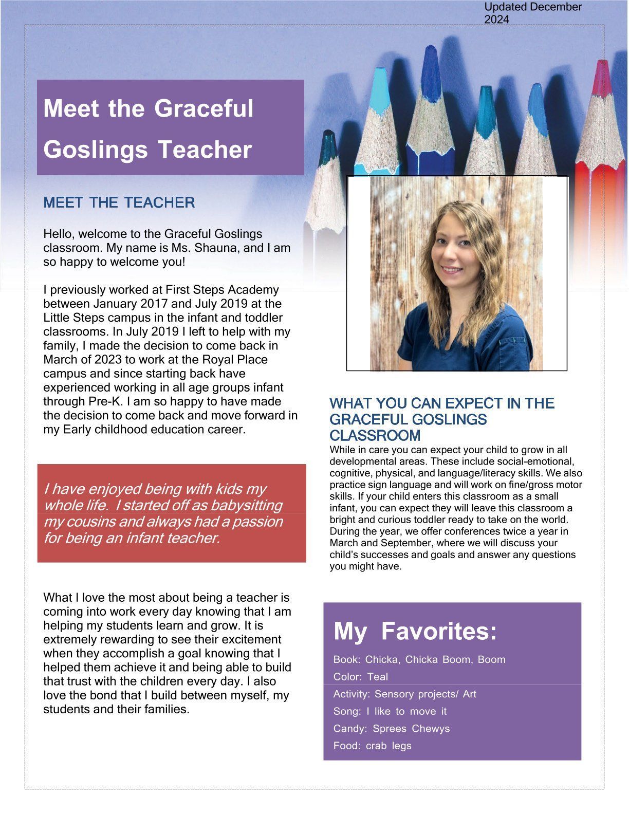 Newsletter introducing a teacher; includes a photo of her, lists her favorites, and classroom expectations.