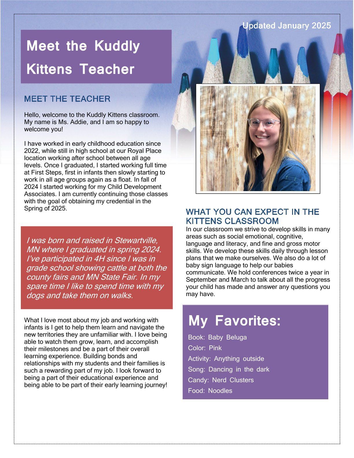 Newsletter: Meet the Kuddly Kittens Teacher, with photo of teacher, classroom expectations, and favorites.