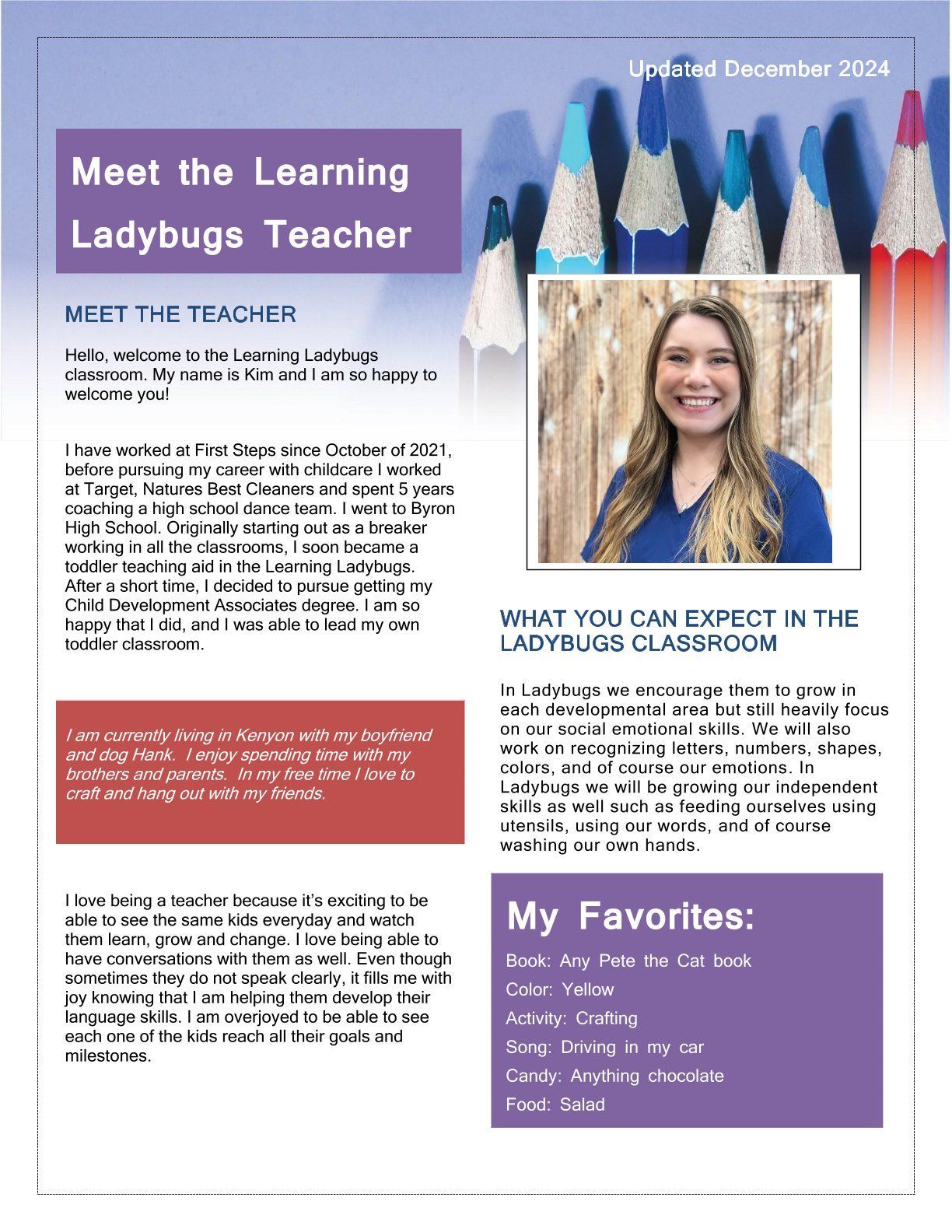 Newsletter: Meet the Learning Ladybugs Teacher, featuring a photo of the teacher and her favorites.
