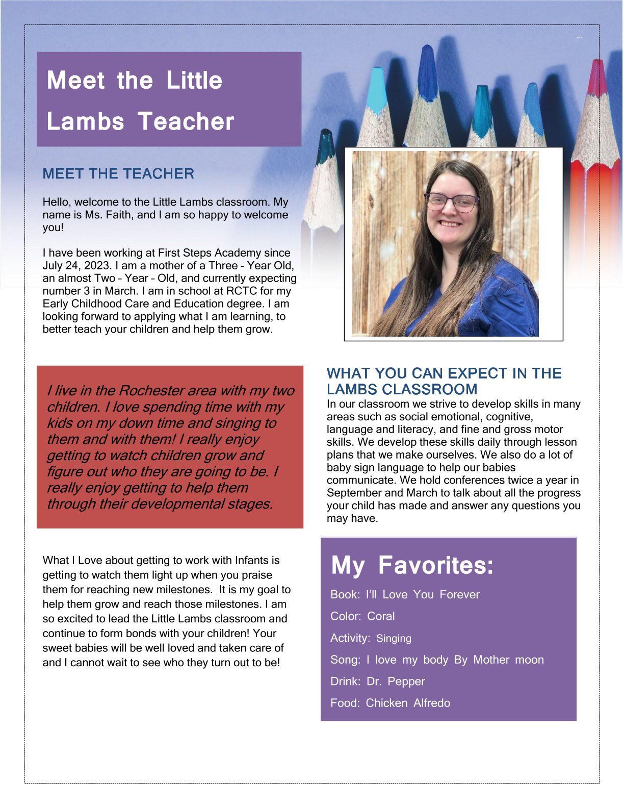 Newsletter introducing the Little Lambs teacher. Includes teacher photo, welcome, and favorites.