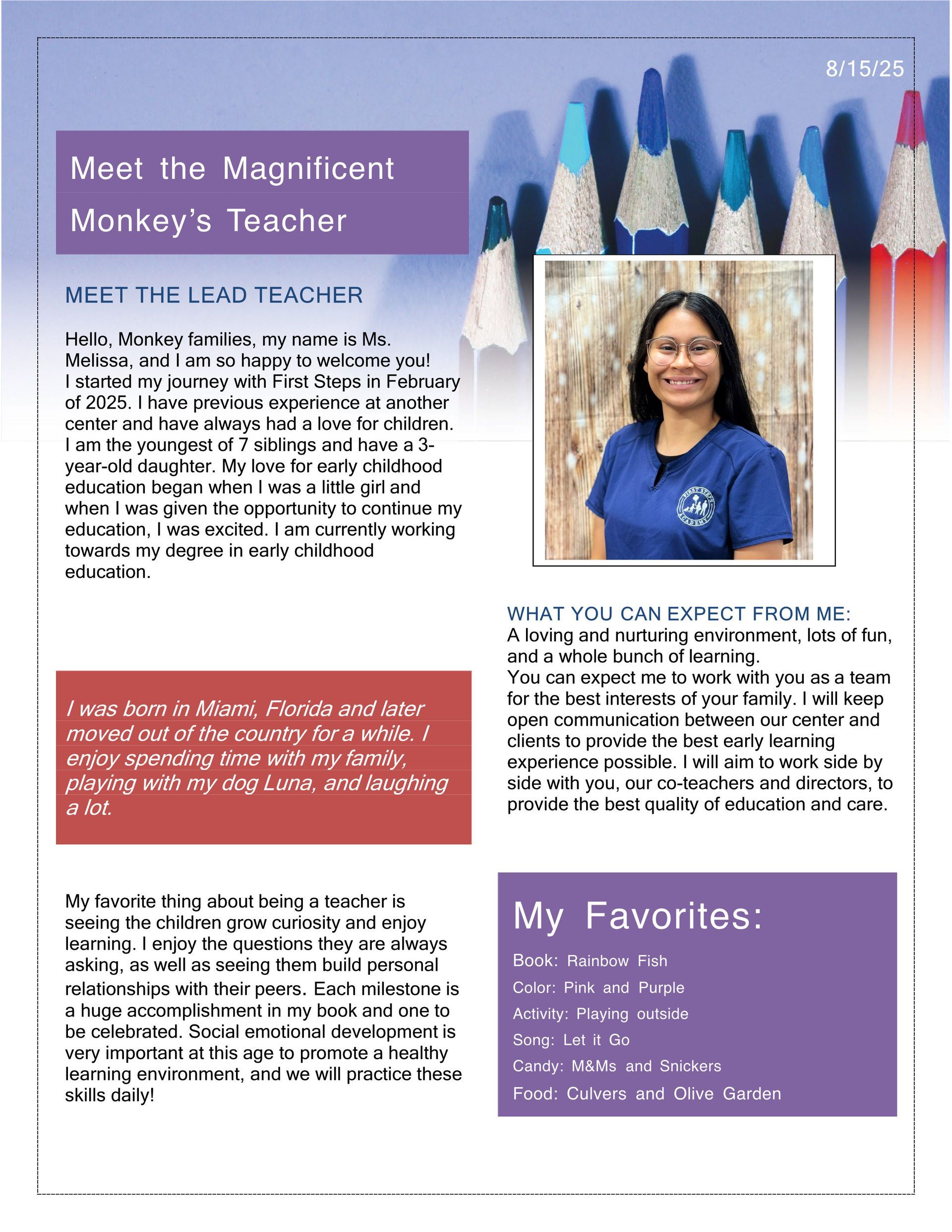 Newsletter: teacher introduces herself, includes photo and favorite things.