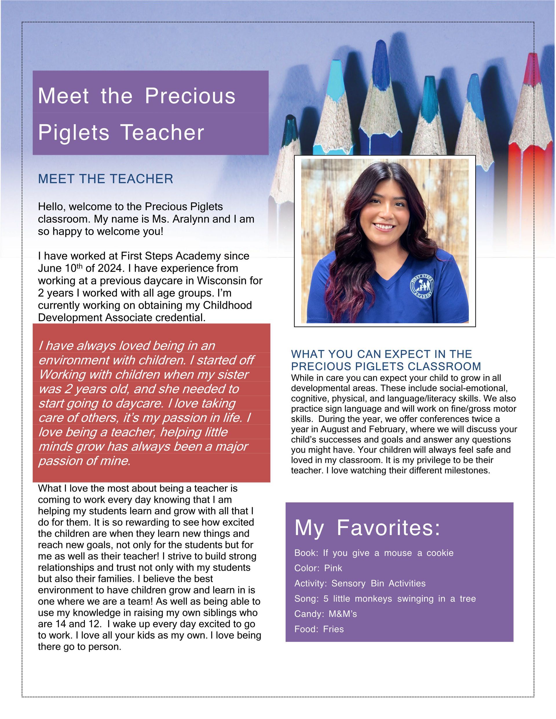 Flyer introducing the Precious Piglets teacher. Includes photo of the teacher, and information about her.