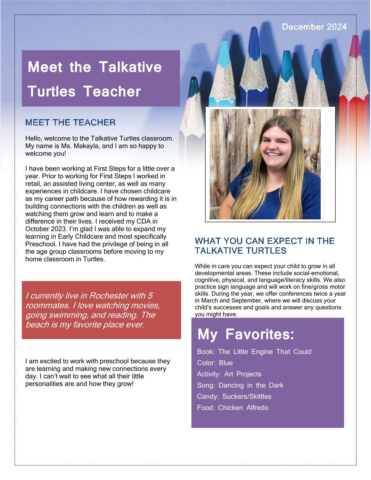 Newsletter introducing the Talkative Turtles teacher, featuring a photo of the teacher with a list of her favorites.