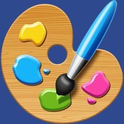 Wooden artist's palette with paint blobs in blue, green, yellow, and pink, being brushed with a blue-handled paintbrush.