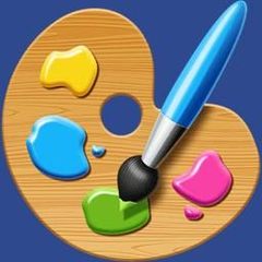 Wooden artist's palette with colorful paint blobs and a blue paintbrush.