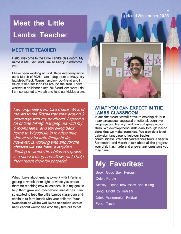A classroom teacher introduction. Includes a photo of the teacher and a list of the class's focus.