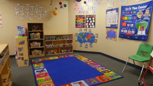 Classroom with alphabet decorations, books, and colorful rug.