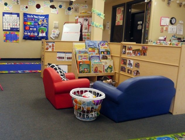 Children's reading corner: red and blue chairs, books, toys in a basket, decorated walls.