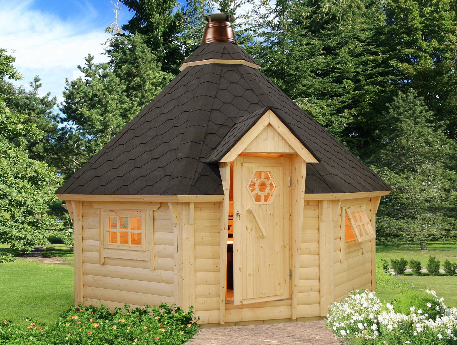 a small wooden house with a black roof