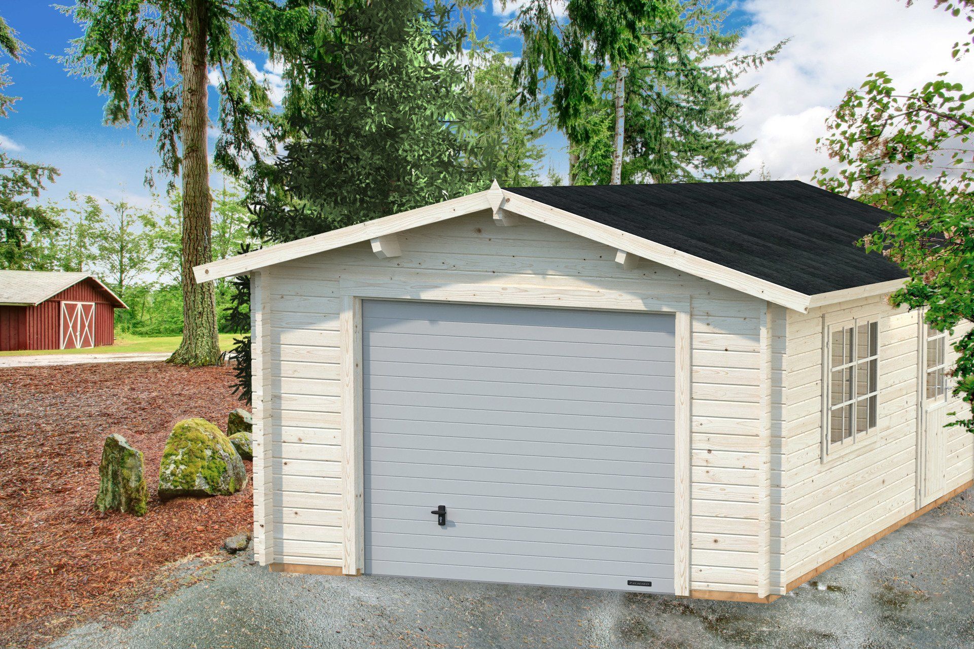 a white garage with a black roof and a white garage door