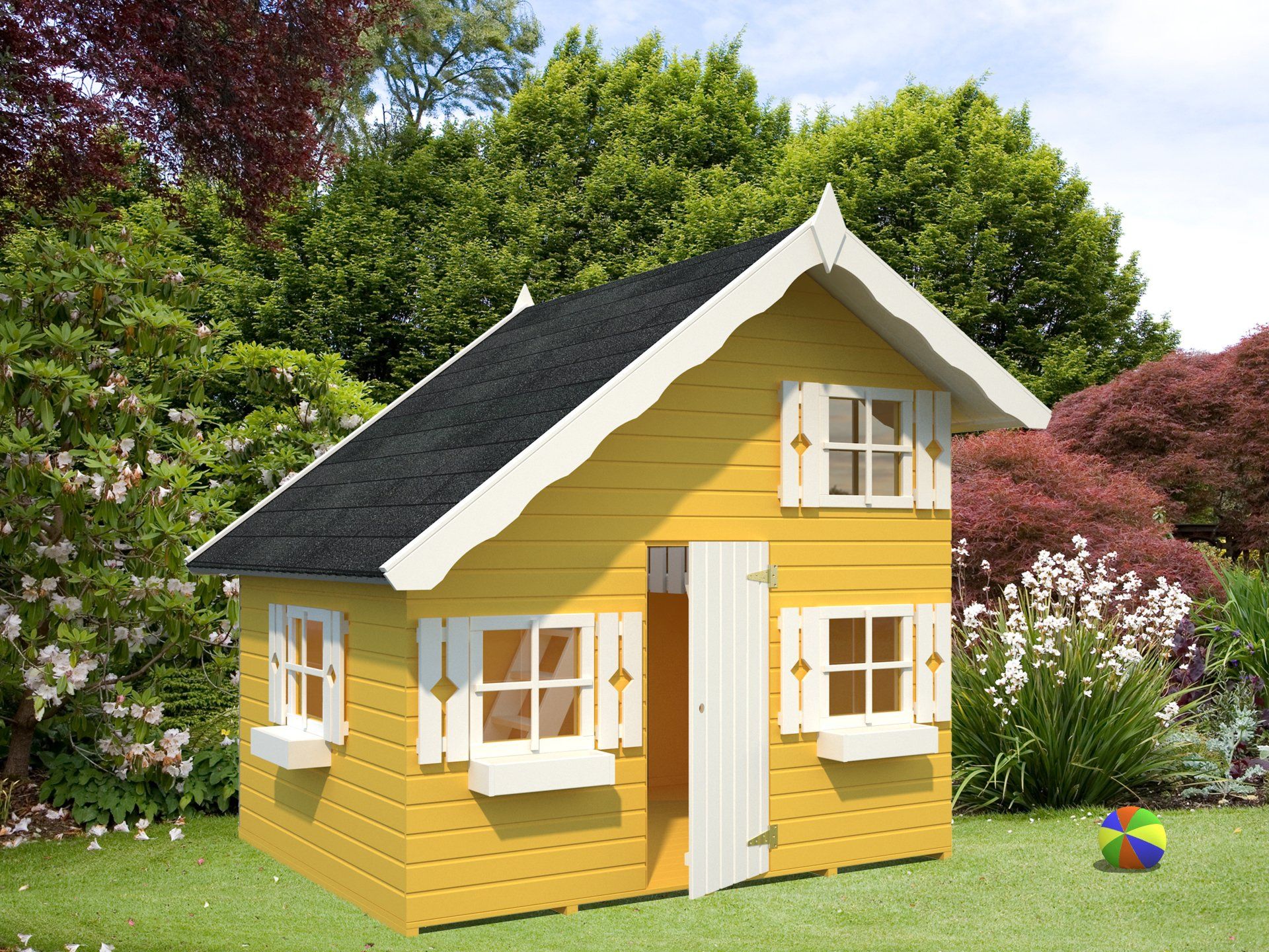 A yellow playhouse with white shutters and a black roof