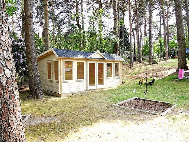 A small wooden house is sitting in the middle of a forest.