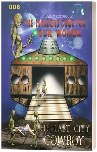 Book cover featuring aliens abducting humans near a spaceship against a blue space background with planet motifs.