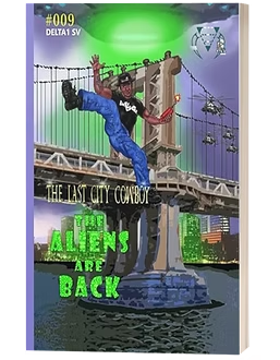 A comic book cover shows a person leaping from a suspension bridge near a flying saucer and helicopters over water.