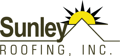 A logo for sunley roofing inc. with a sun on top of a mountain