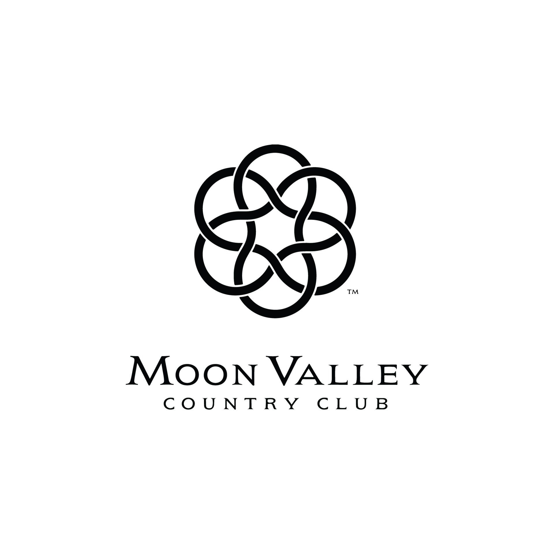 The moon valley country club logo is black and white and looks like a celtic knot.
