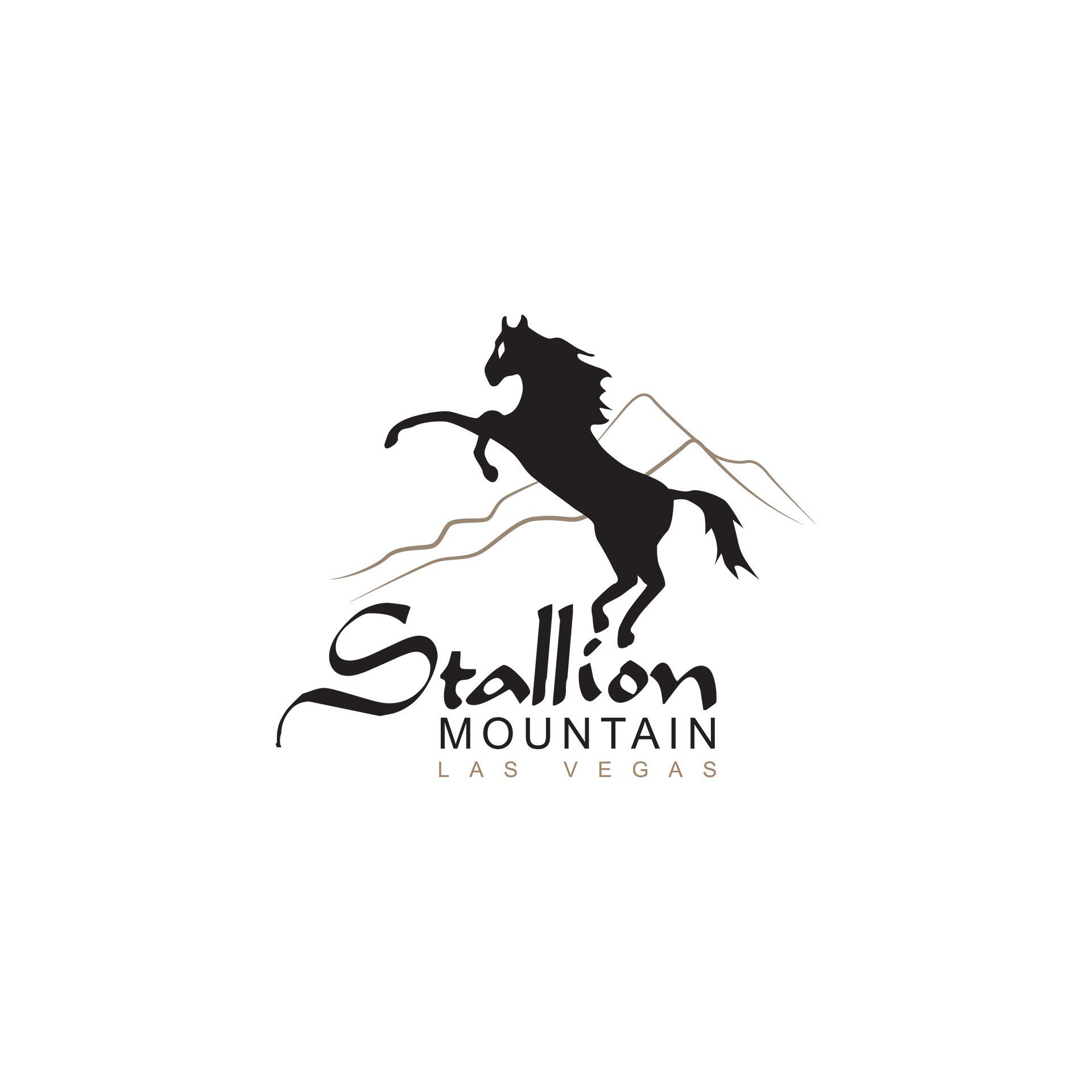 The logo for stallion mountain in las vegas shows a horse on its hind legs.