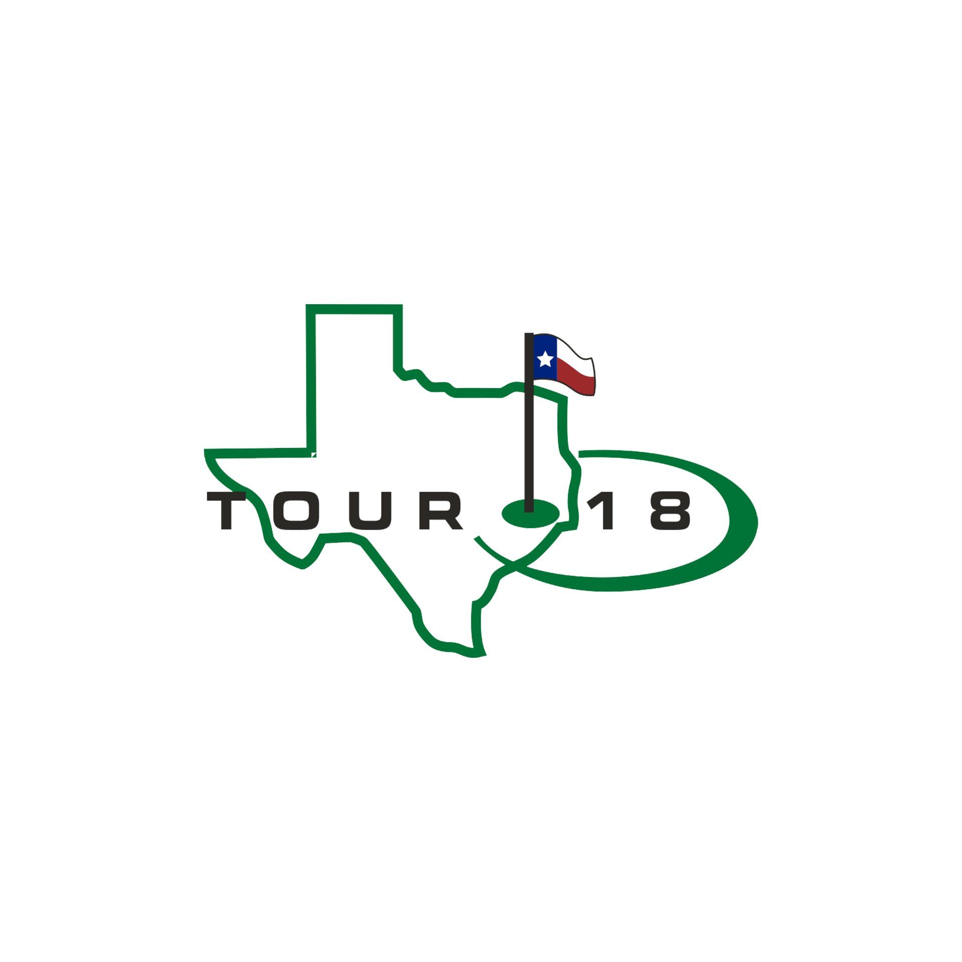A logo for a golf course in texas with a flag and a golf ball.