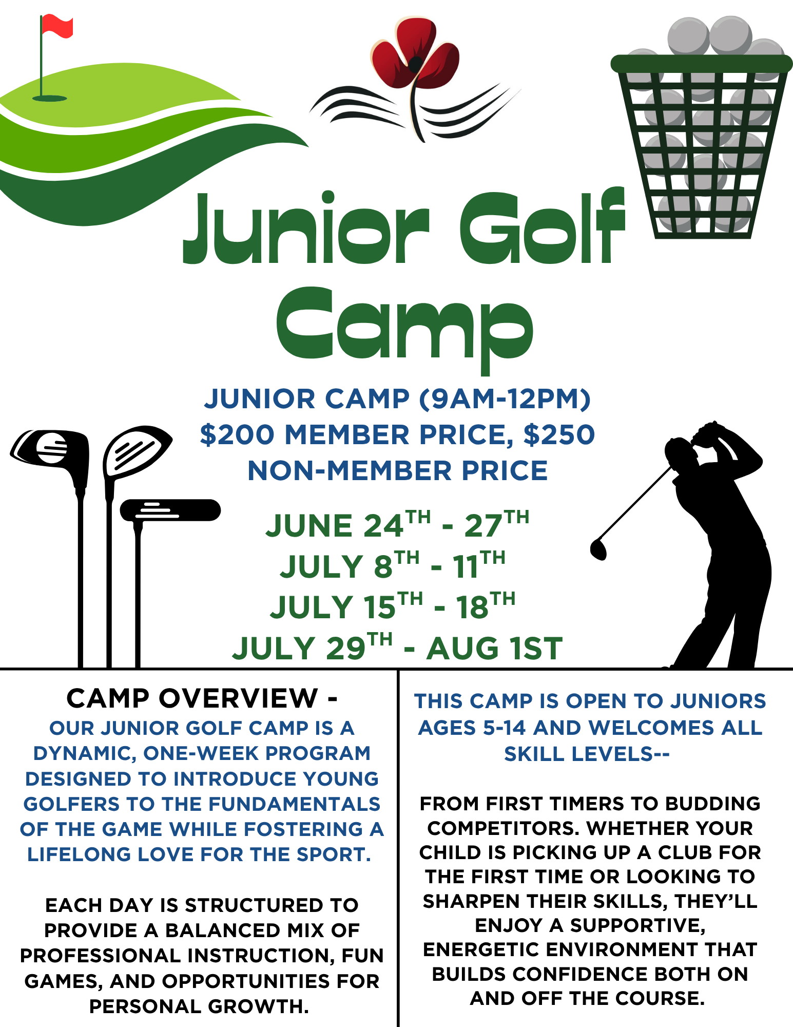 A poster for a junior golf camp with a man playing golf.