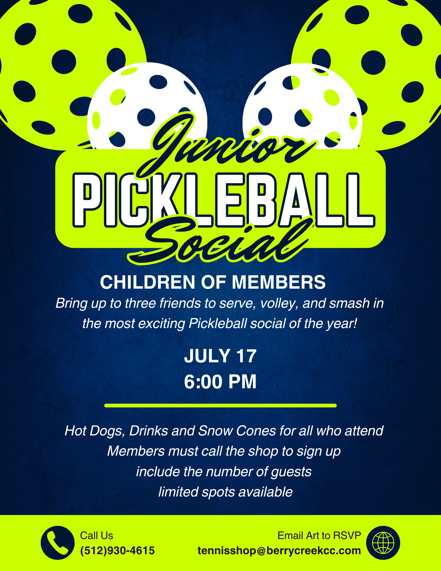 A poster for a pickleball social for children of members.