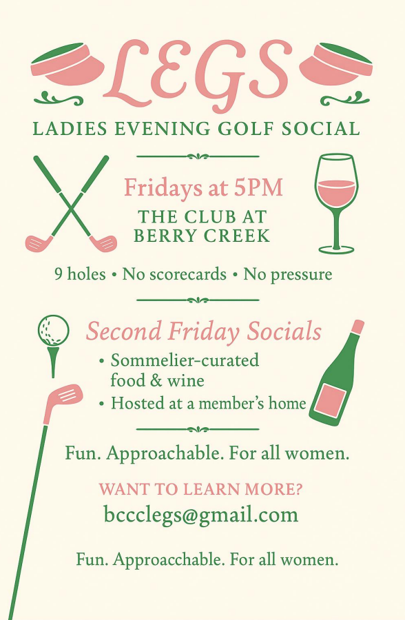 A poster for a ladies evening golf social at the club at berry creek