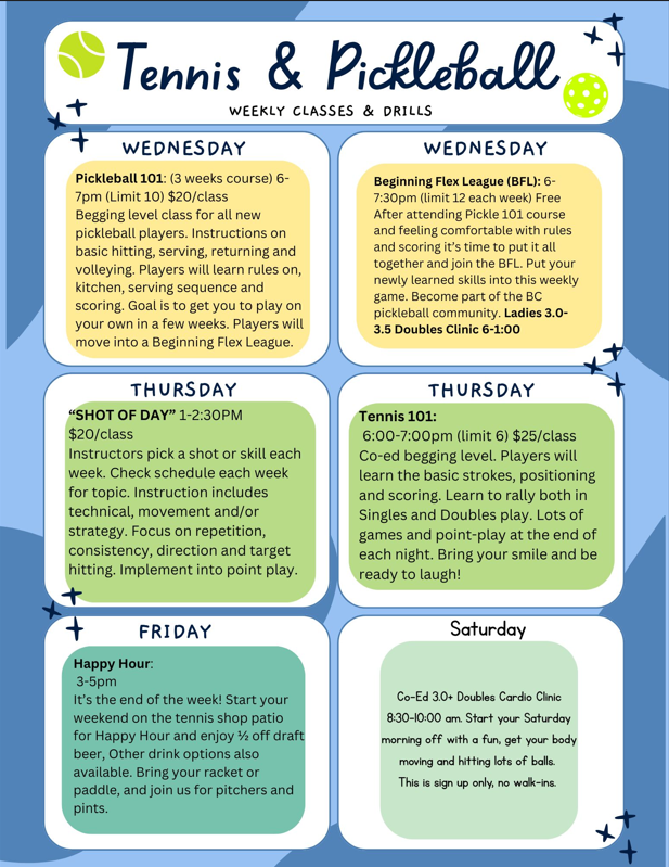 A weekly schedule for tennis and pickleball is shown.