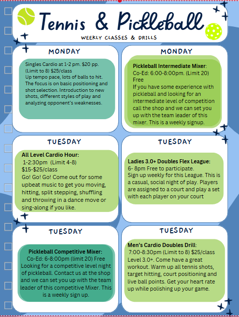 A weekly schedule for tennis and pickleball is shown