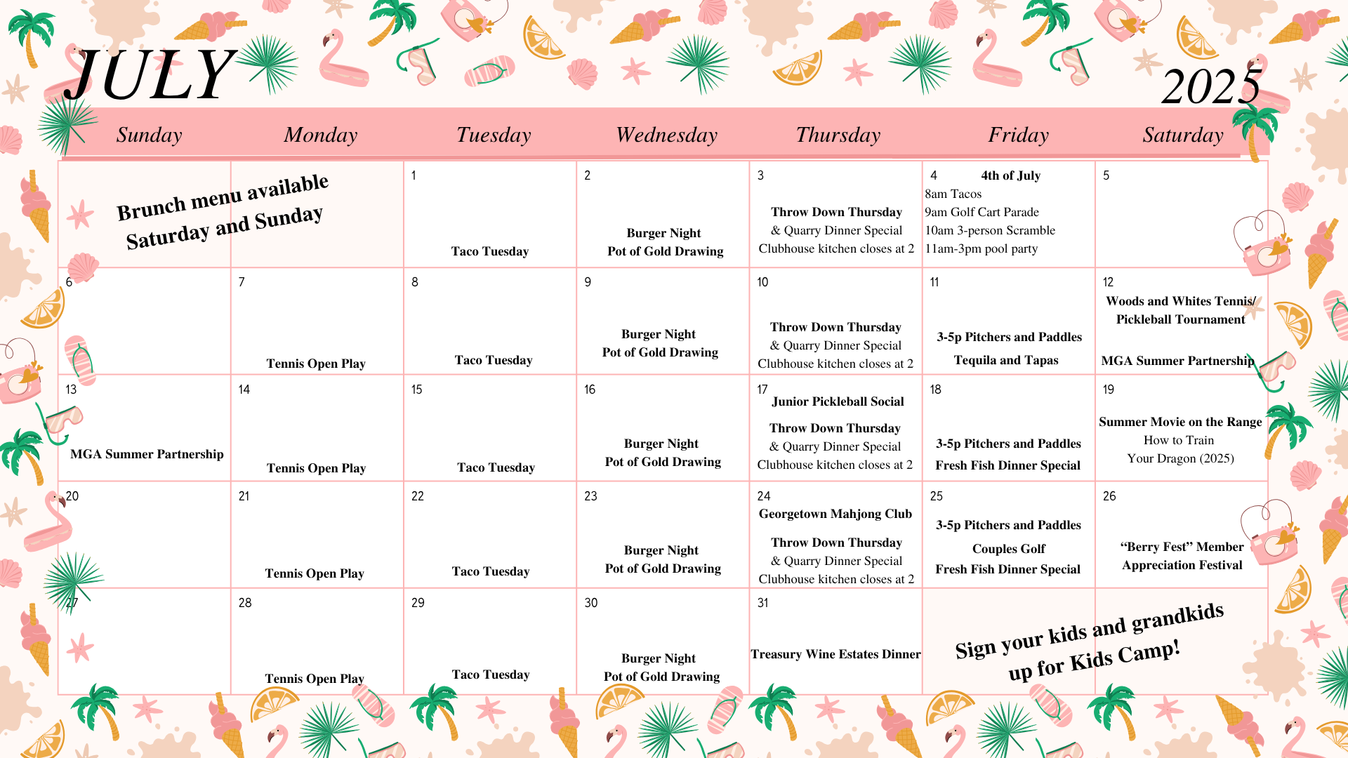 A calendar for the month of july with flamingos and ice cream cones.