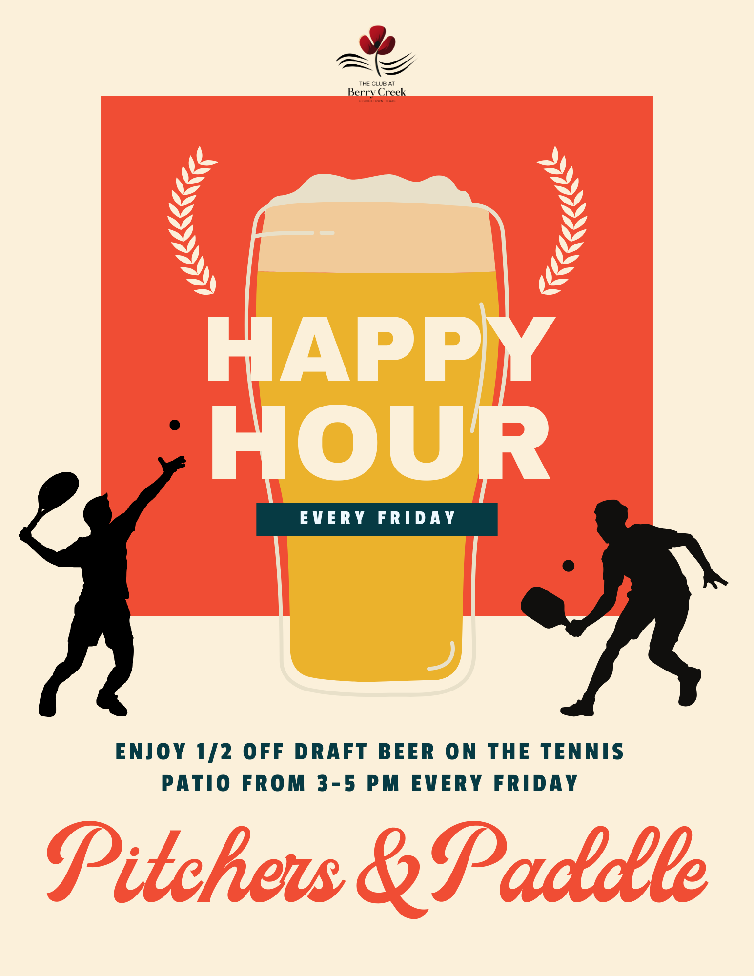 A poster for a happy hour at pitchers and paddle