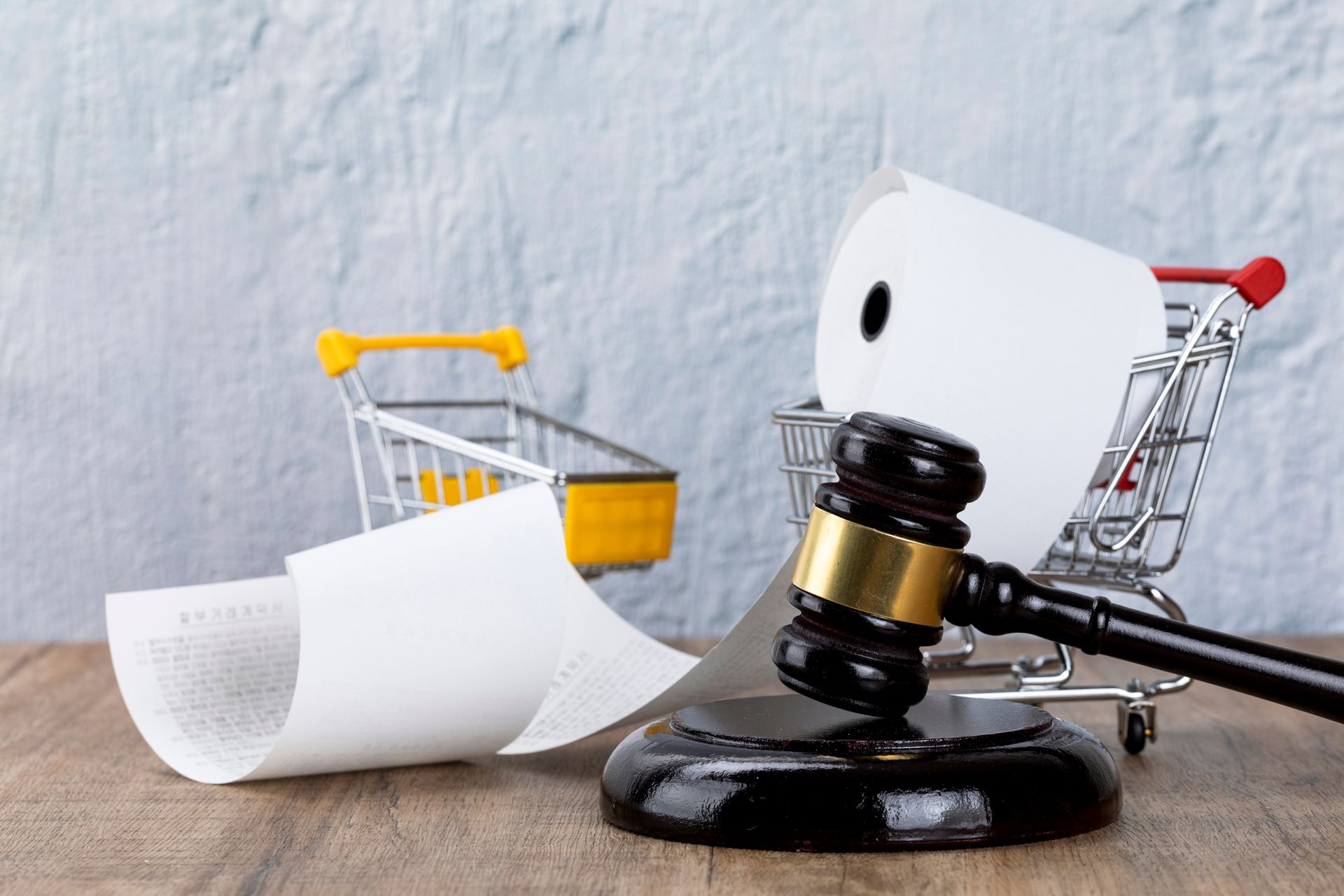 Gavel on stand near mini shopping carts, one holding a receipt roll, symbolizing consumer legal issues.