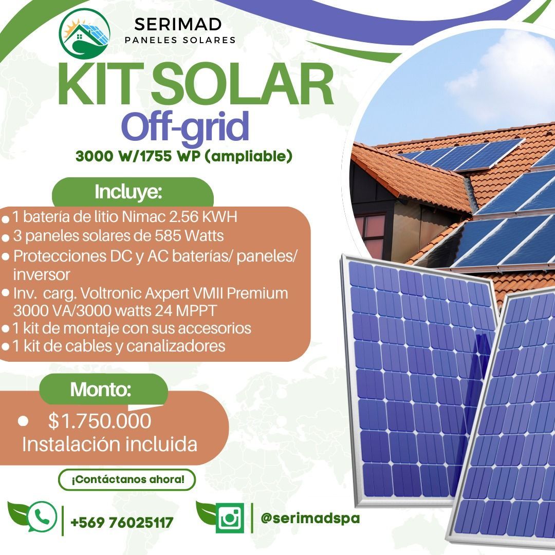Un cartel de un sistema solar fuera de la red con una imagen de una casa y paneles solares.