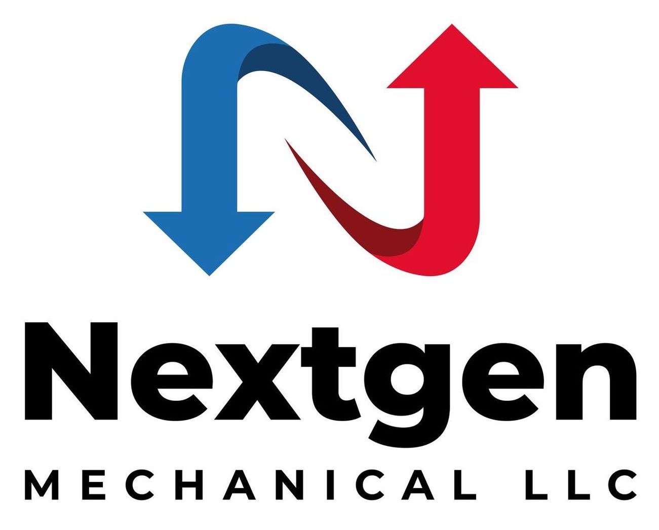 Logo for Nextgen Mechanical LLC: Blue down arrow and red up arrow form an