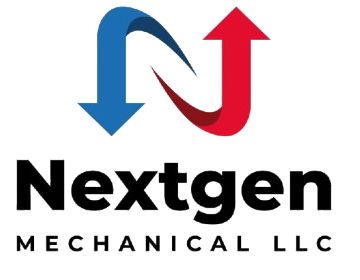 Logo for Nextgen Mechanical LLC featuring a blue downward arrow and a red upward arrow forming an