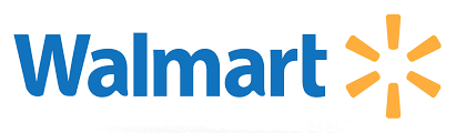 The walmart logo is blue and orange with a yellow star.