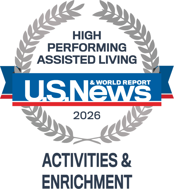 US News & World Report High Performing Senior Living award logo with gray laurel wreath and blue-red banner