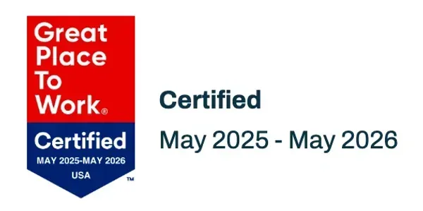 Great Place To Work certified badge, May 2025–May 2026, red and blue logo with text